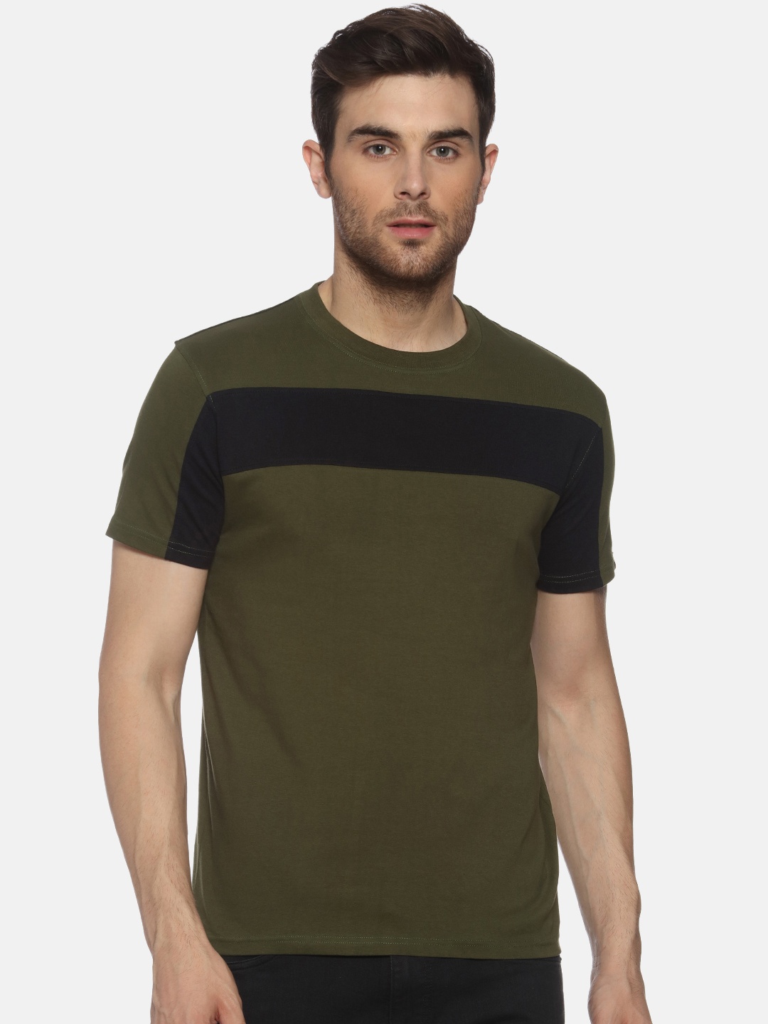 

YAK YAK Men Olive Green Black Slim Fit Striped Round Neck Pure Cotton T-shirt