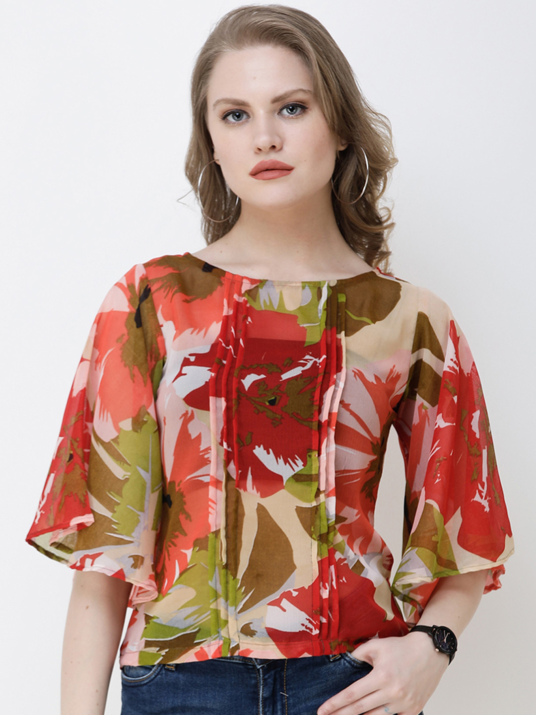 

SCORPIUS Women Red & Green Floral Print Top
