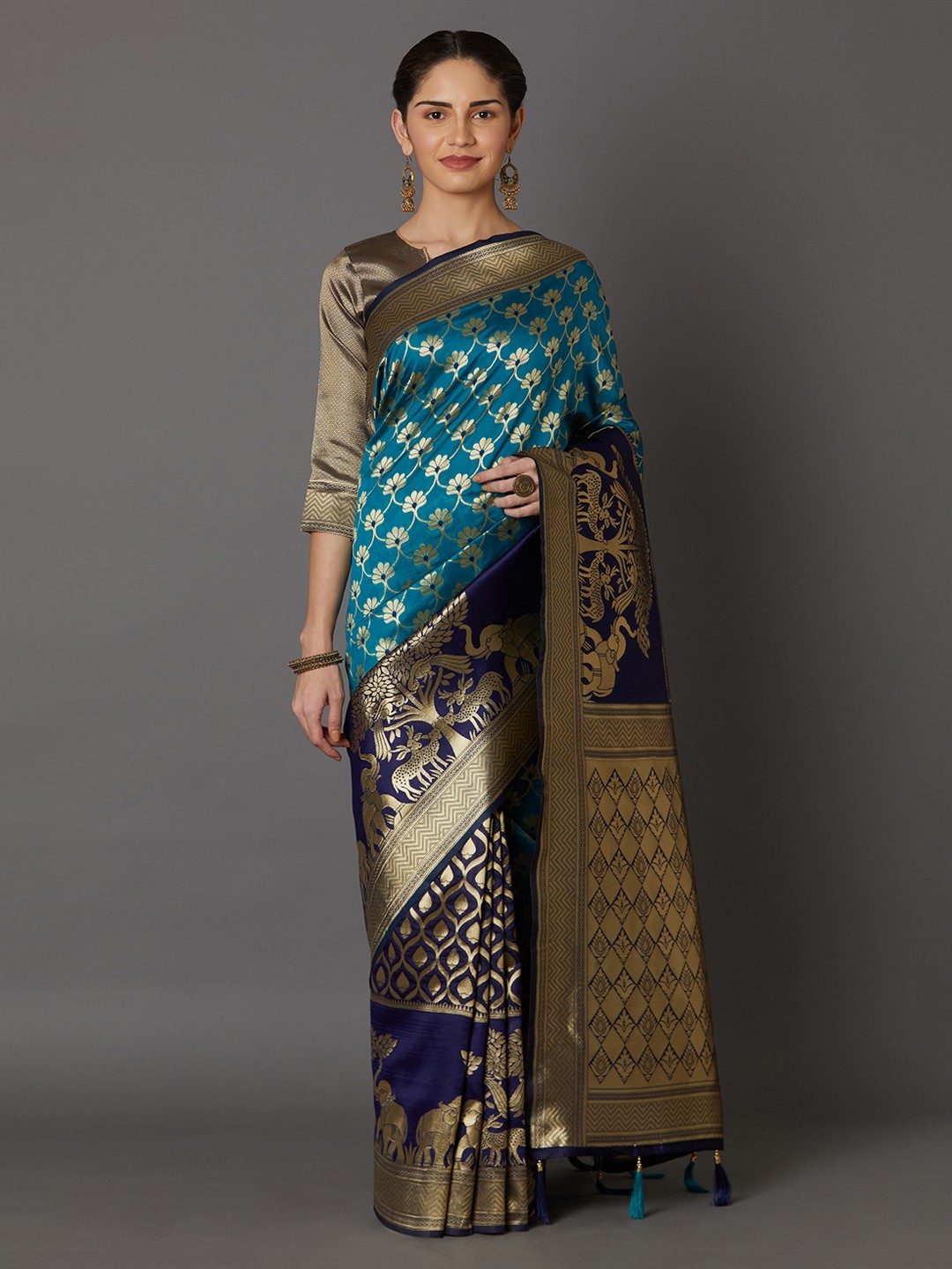 

Mitera Teal Green & Blue Silk Blend Woven Design Kanjeevaram Saree