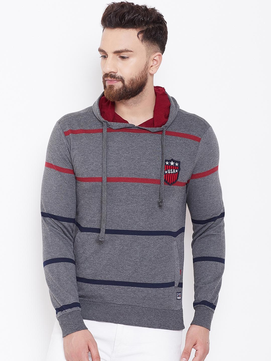 

Austin wood Men Charcoal & Red Striped Hooded Sweatshirt