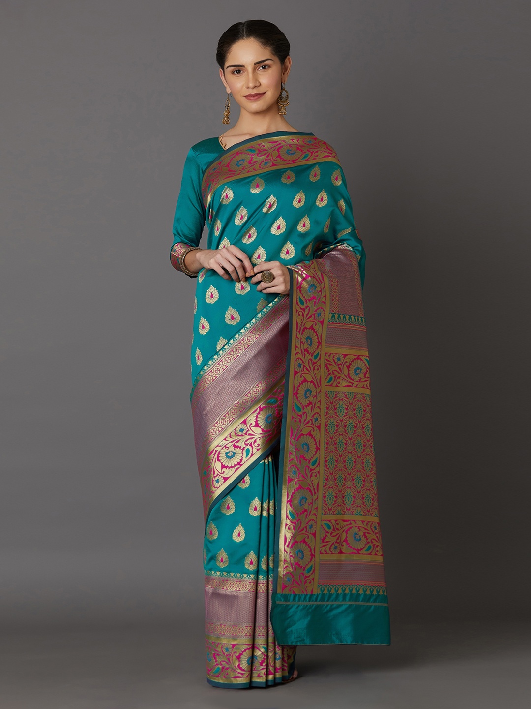

Mitera Teal & Gold-Coloured Silk Blend Woven Design Kanjeevaram Saree