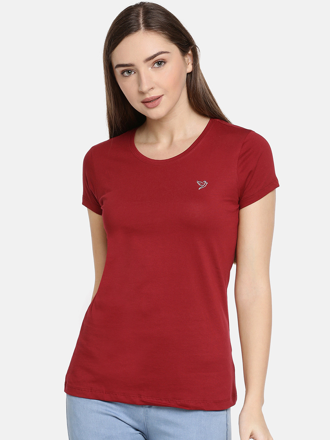 

TWIN BIRDS Women Red Slim Fit Solid Round Neck Pure Cotton T-shirt