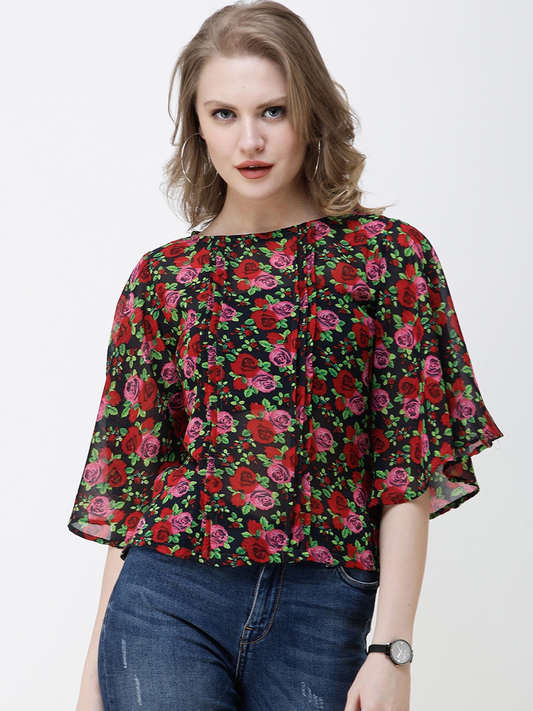 

SCORPIUS Women Black & Red Floral Print Top