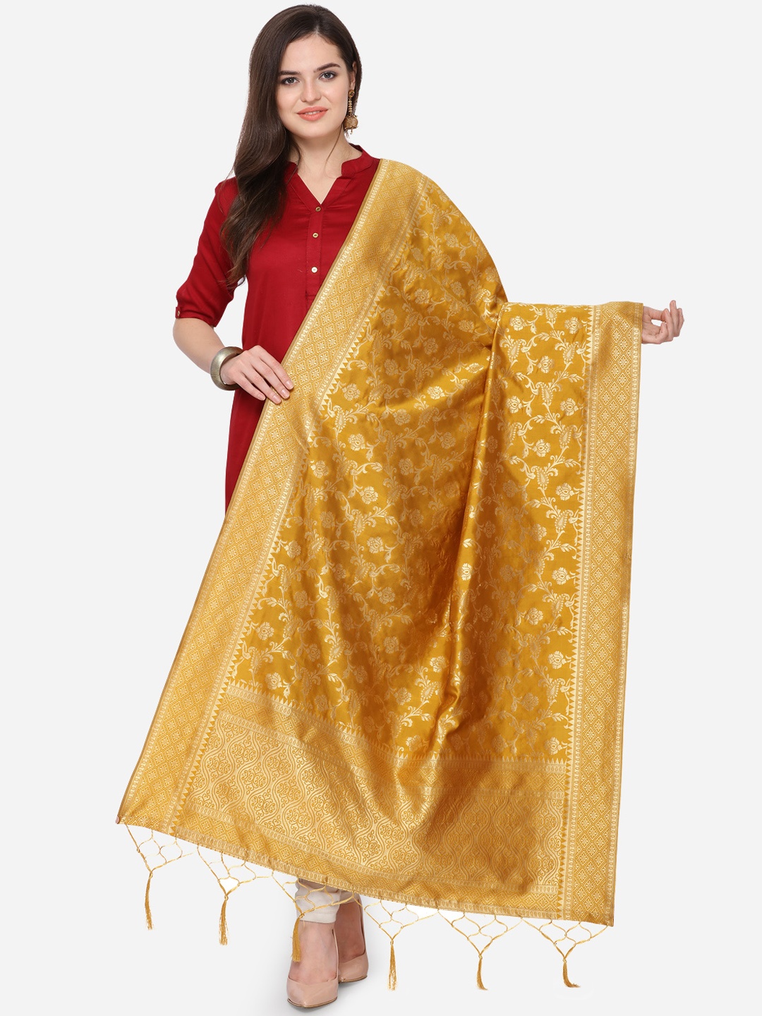 

Satrani Yellow & Gold-Coloured Woven Design Jacquard Banarasi Dupatta