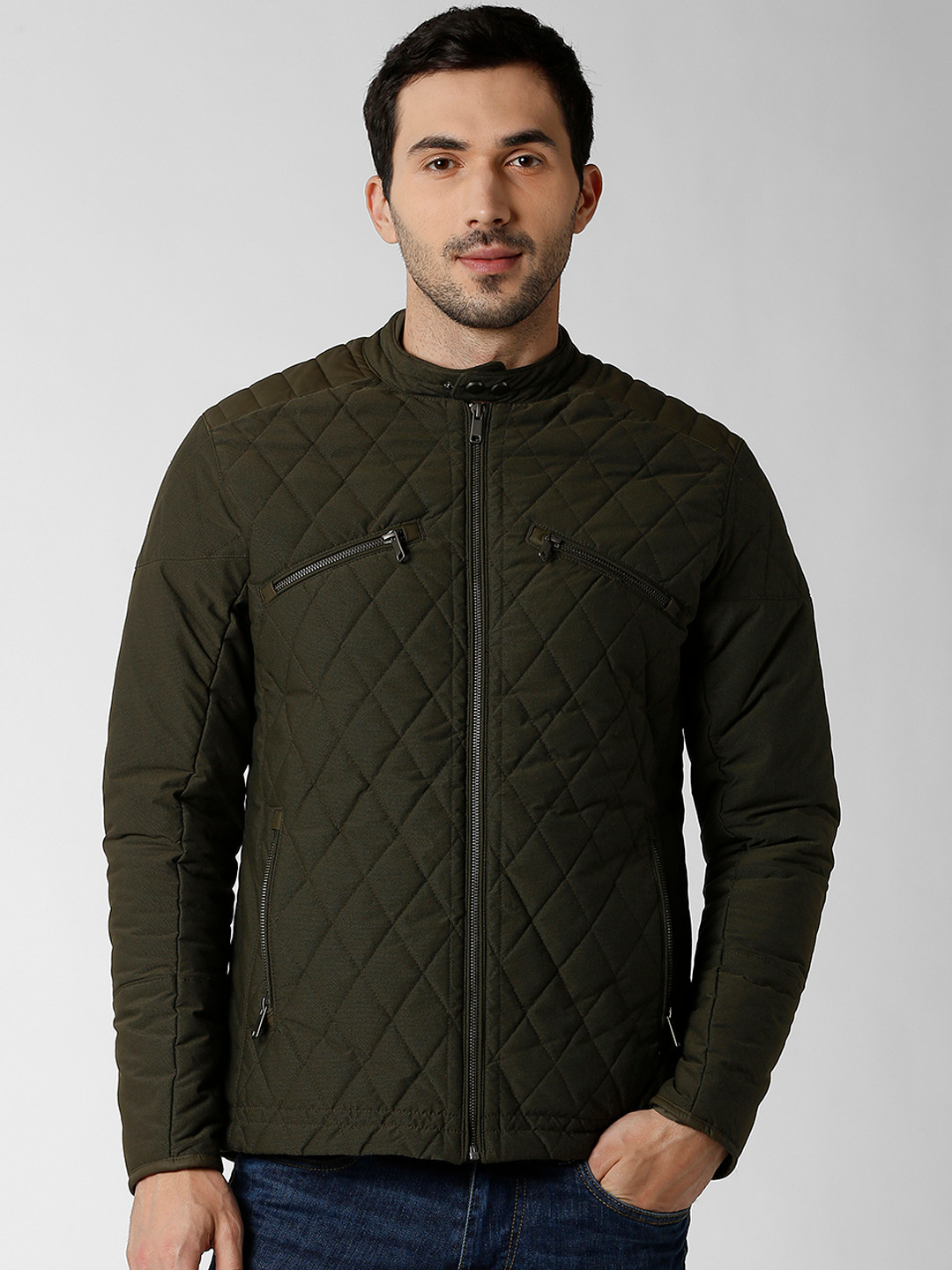 

Peter England Olive Green Casuals Men Solid Padded Jacket