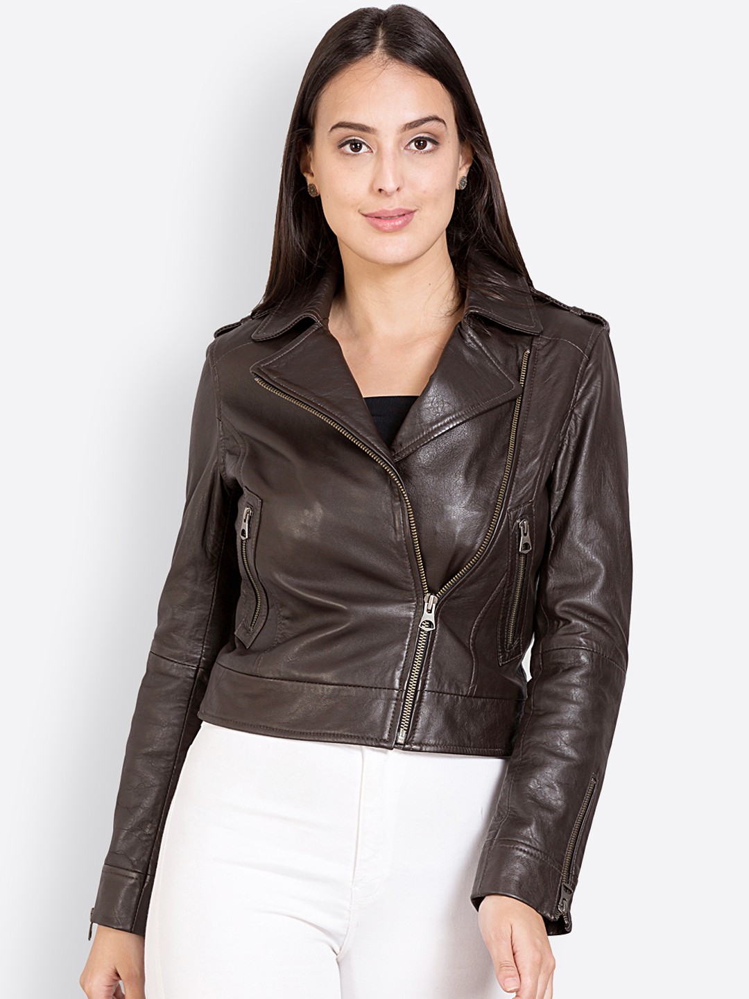 

Justanned Women Solid Leather Jacket, Brown