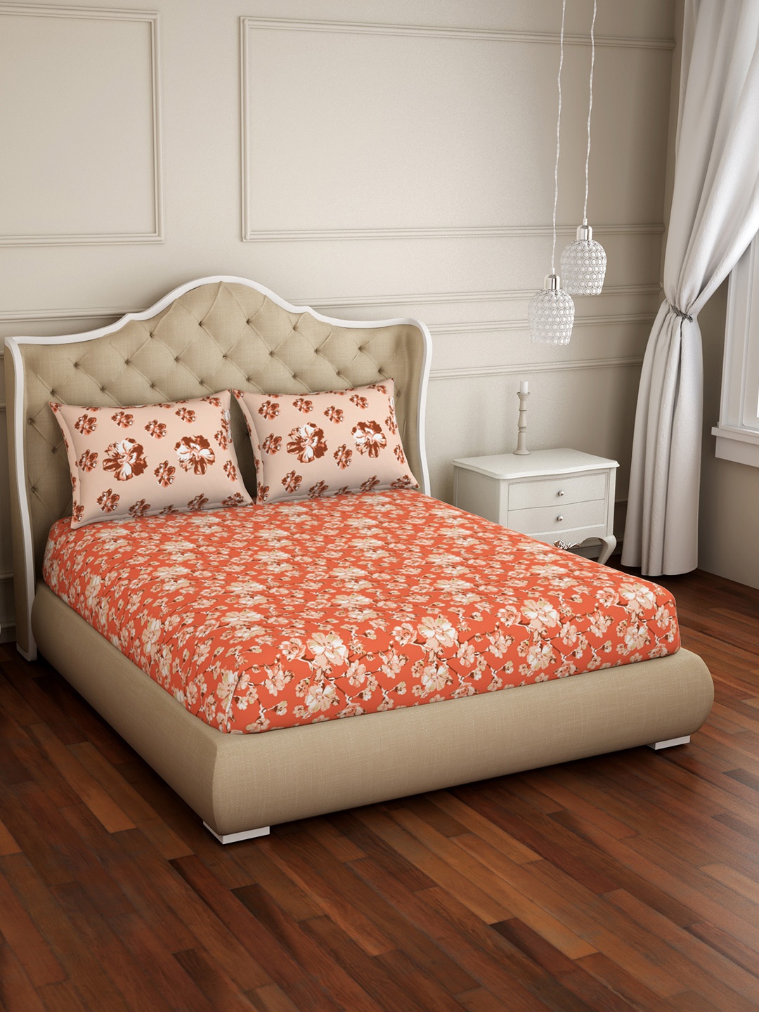 SPACES Coral Orange Floral 144 TC Cotton 1 Queen Bedsheet with 2 Pillow Covers