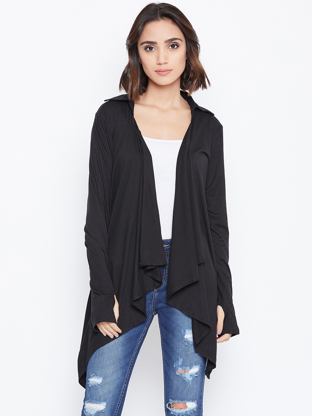

Zastraa Women Black Solid Waterfall Shrug