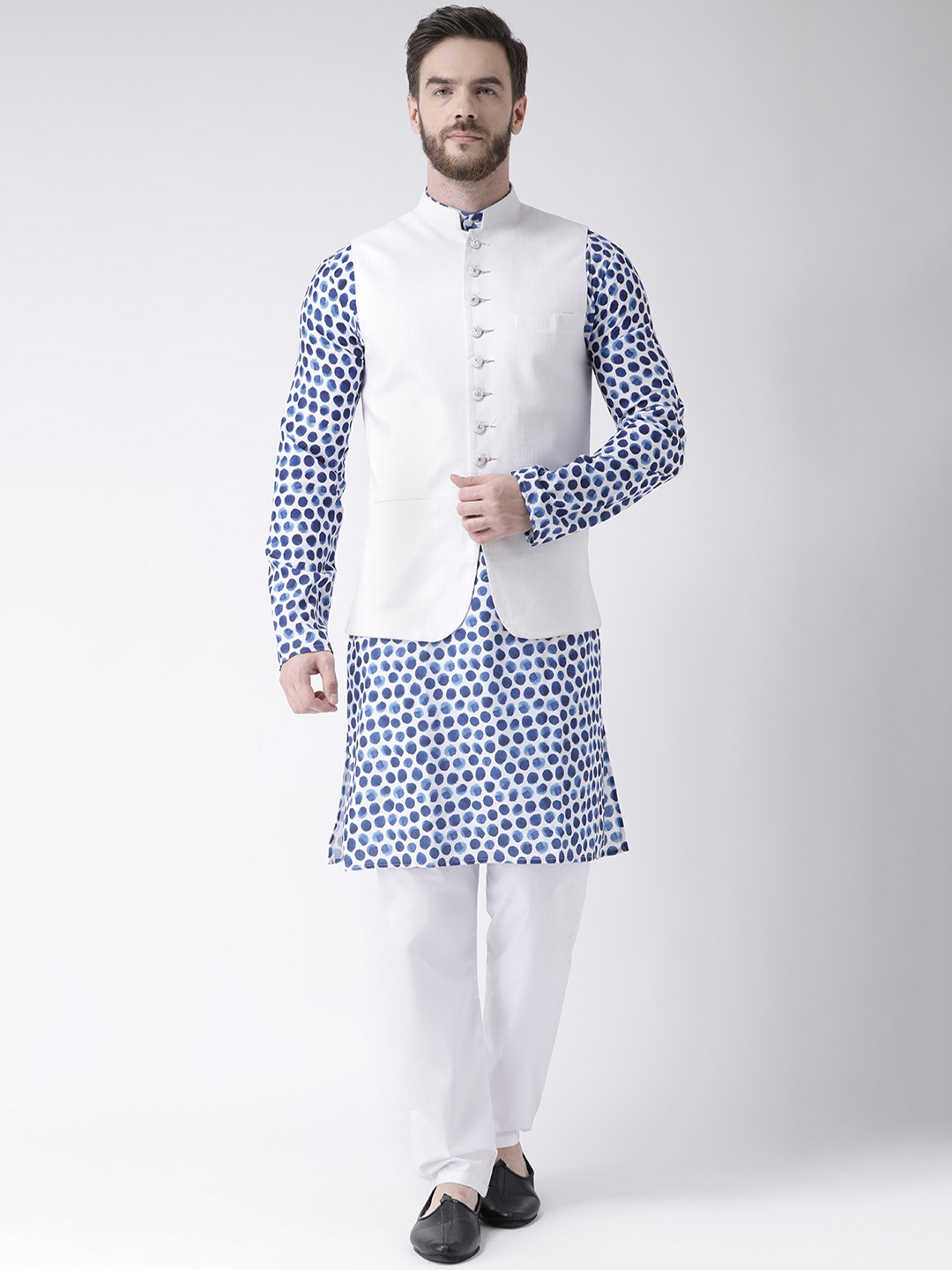 

Hangup Men Blue & White Printed Kurta with Pyjamas & Nehru Jacket