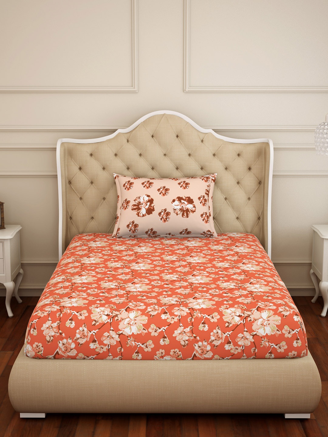 SPACES Coral Orange Floral 144 TC Cotton 1 Single Bedsheet with 1 Pillow Covers