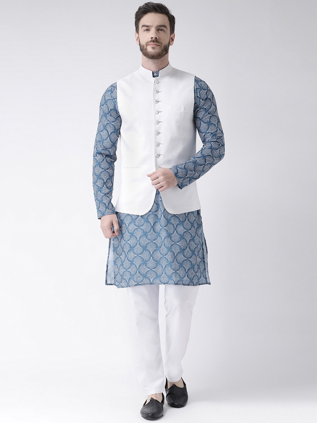 

Hangup Men Blue & White Printed Kurta with Pyjamas & Nehru Jacket