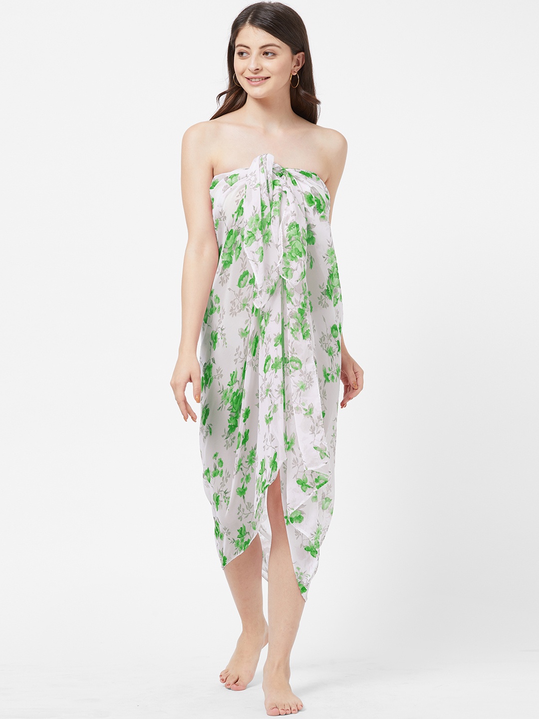

MIRCHI FASHION Women White & Green Floral Printed Swimwear Cover up Sarong