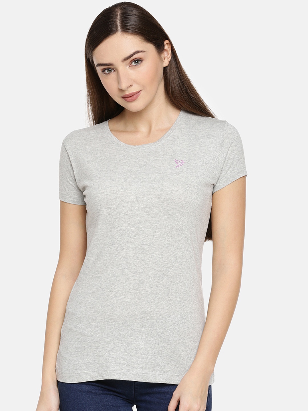 

TWIN BIRDS Women Grey Melange Slim Fit Solid Round Neck T-shirt