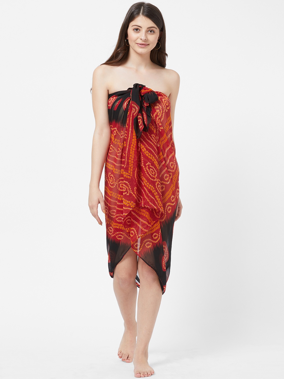 MIRCHI FASHION Women Red & Black Bandhani Printed Swimwear Cover up Sarong