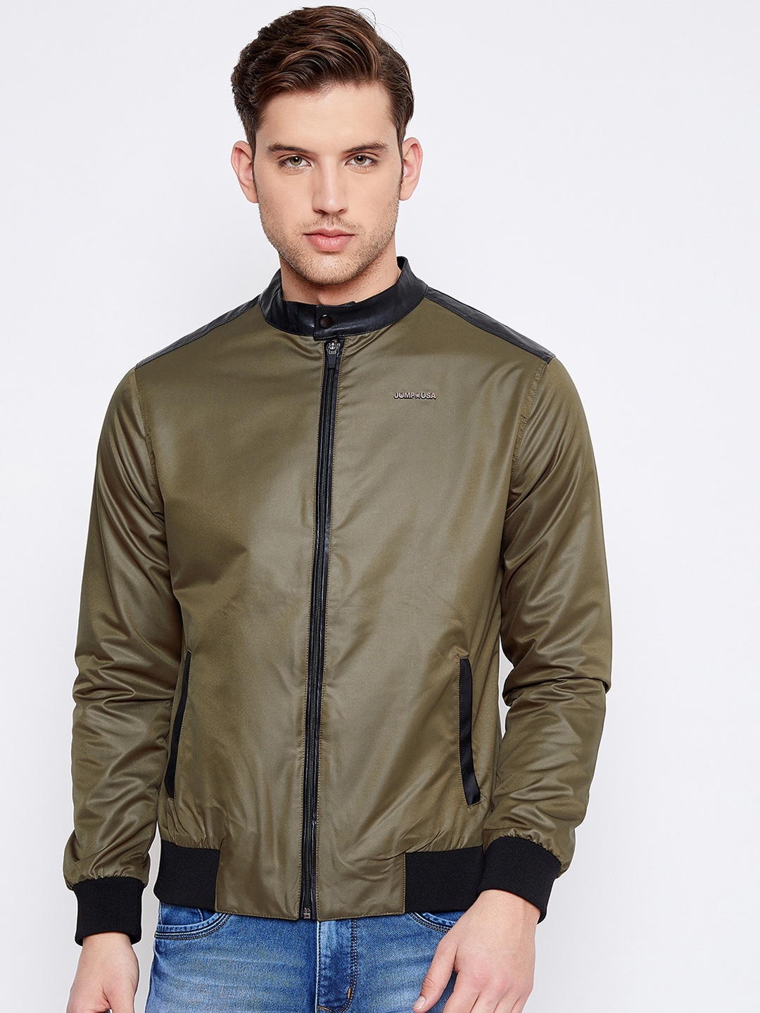 

JUMP USA Men Olive Green Solid Windcheater Puffer Jacket
