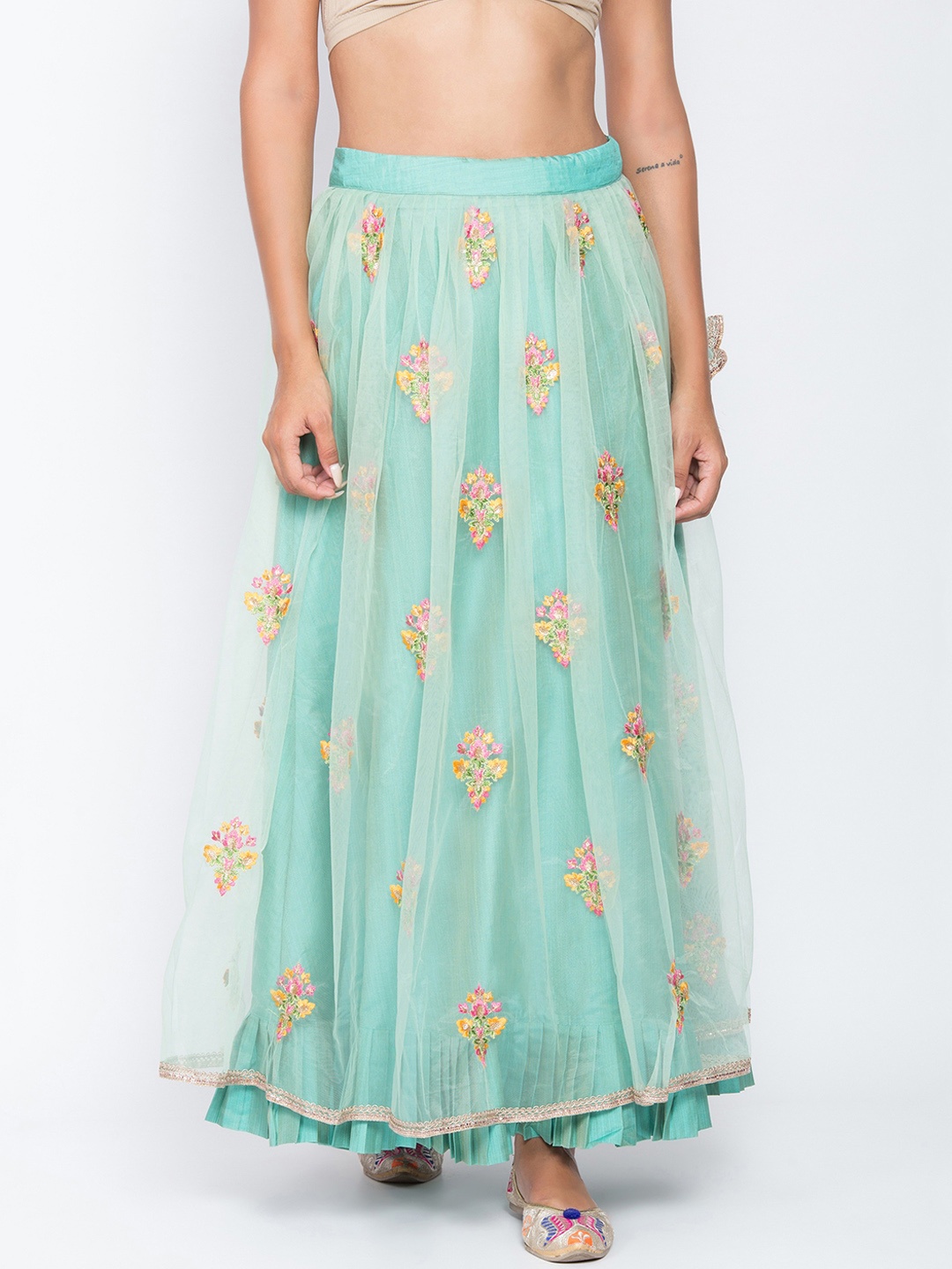 

Be Indi Women Sea Green & Pink Embroidered Flared Maxi Skirt