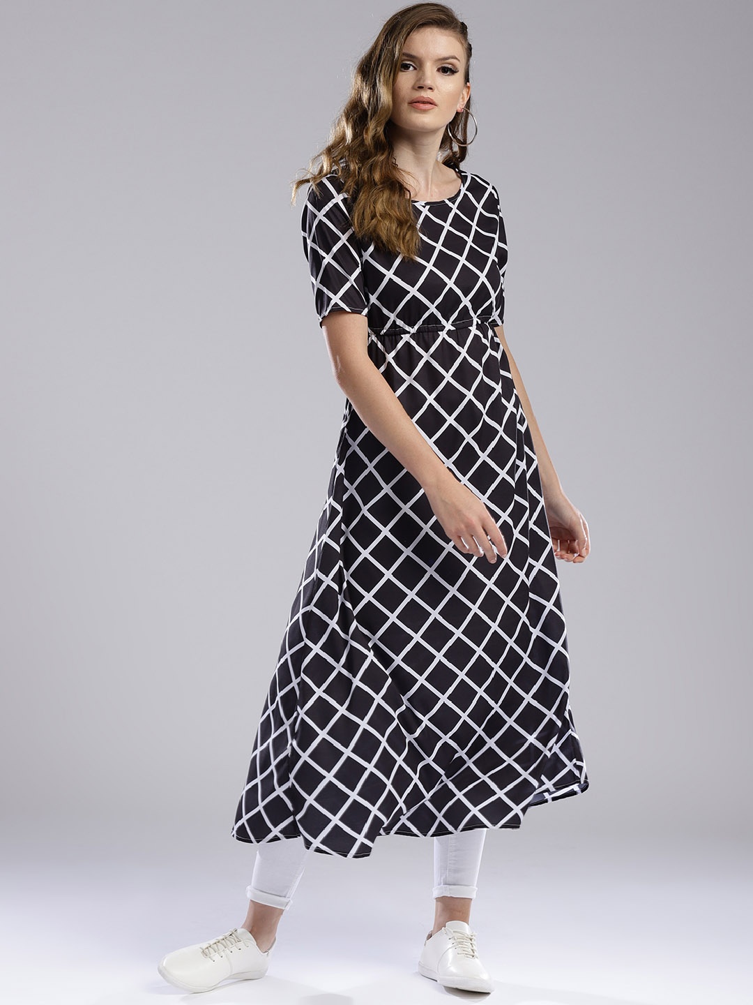 

Hubberholme Women Black & White Checked A-Line Kurta