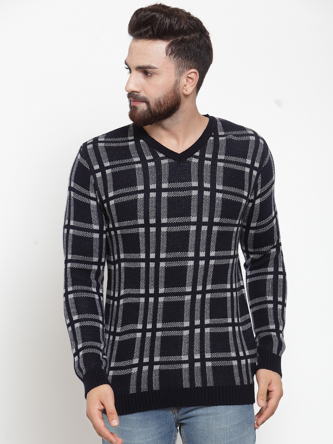 

Kalt Men Navy Blue & Grey Checked Pullover Sweater