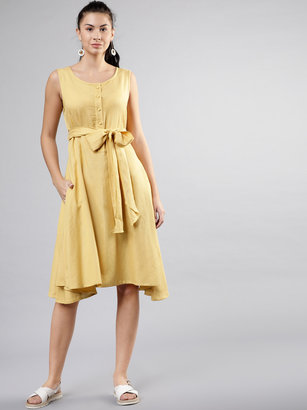 

Tokyo Talkies Women Mustard Yellow Solid Fit and Flare Dress