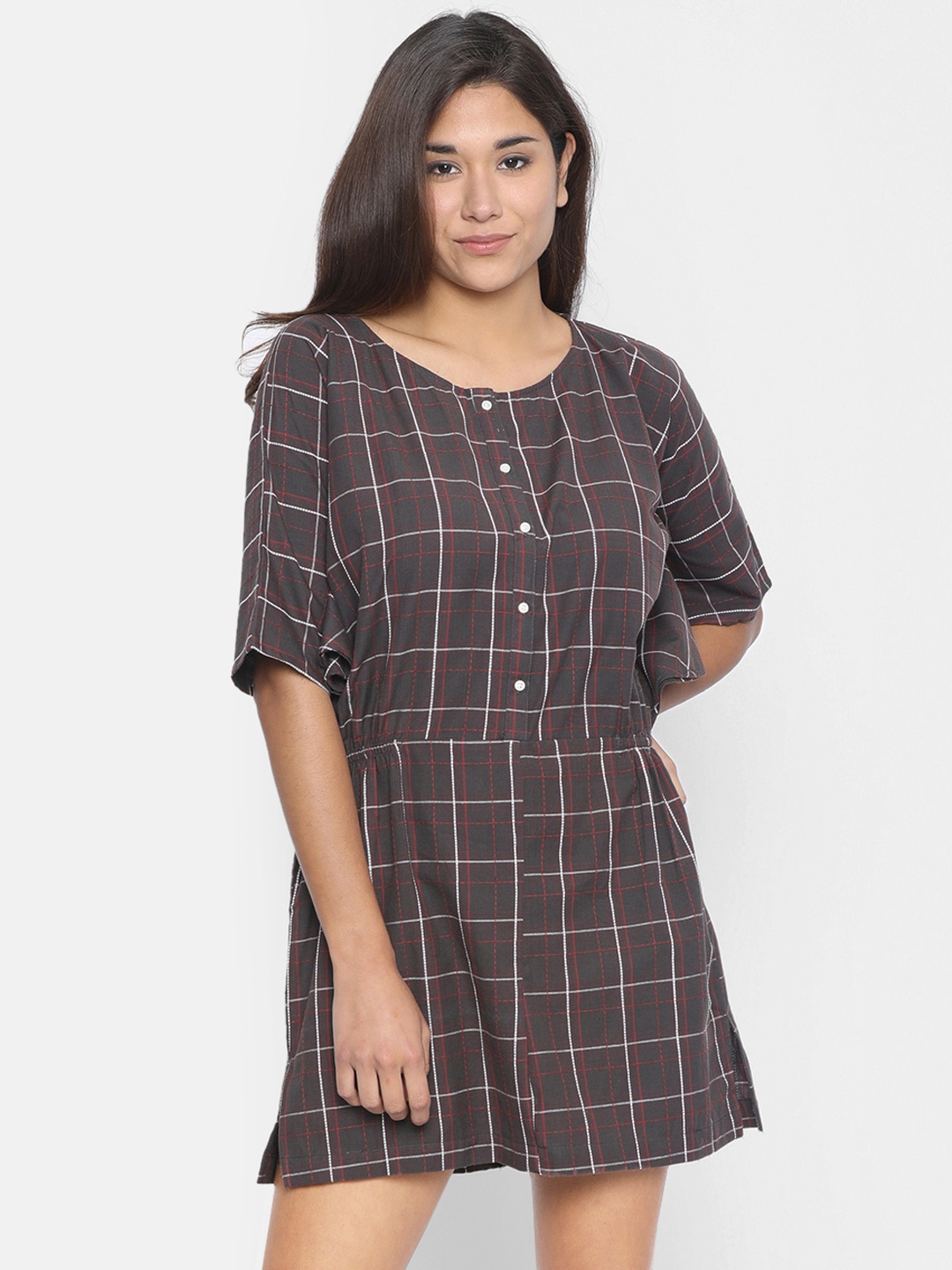 

The Kaftan Company Women Taupe Checked Blouson Dress