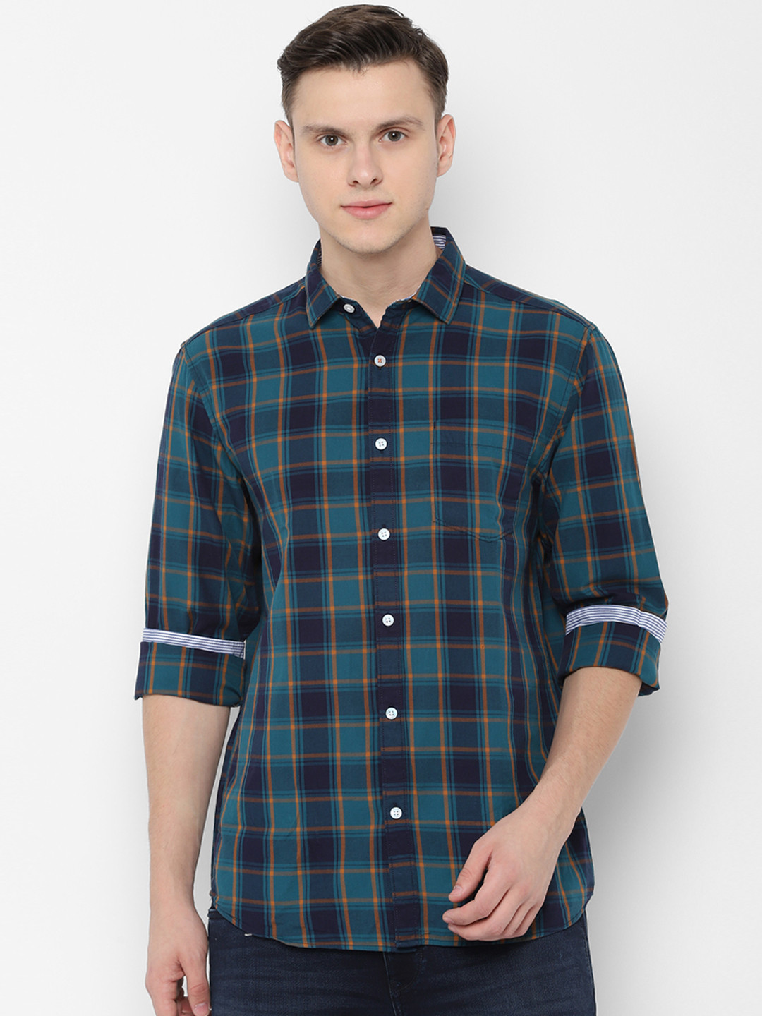 

People Men Teal Green & Blue Regular Fit Checked Casual Shirt