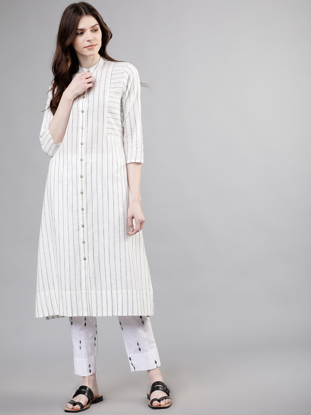 

Vishudh Women Off-White & Grey Striped Kurta with Palazzos