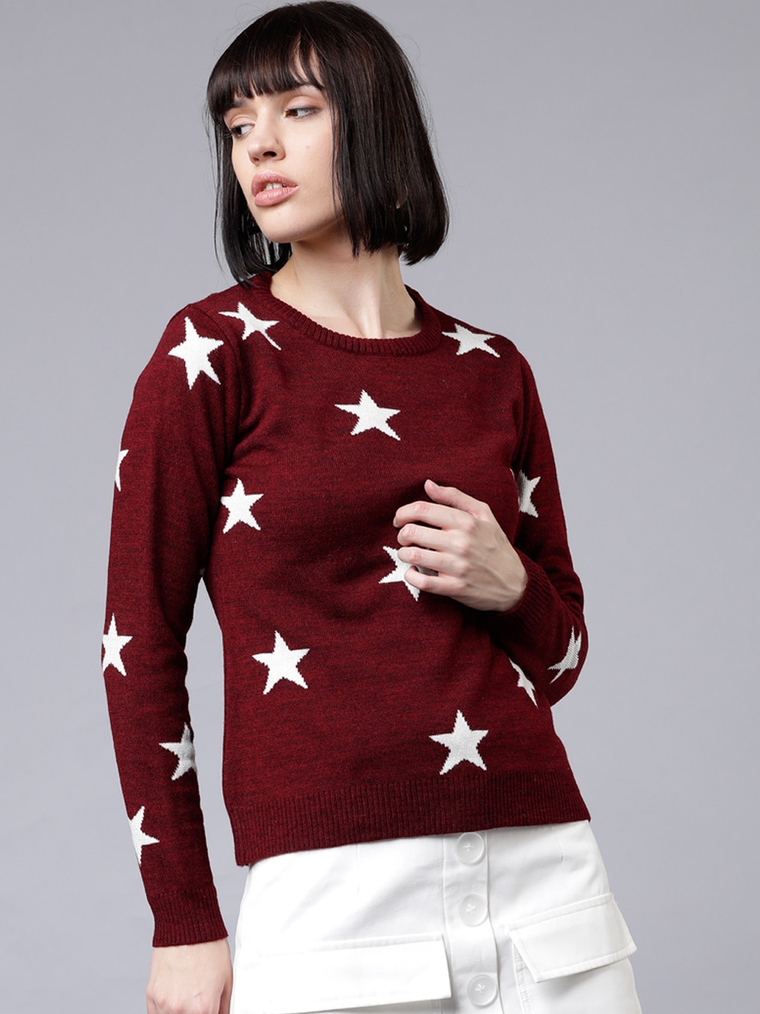 

Tokyo Talkies Women Maroon & White Self Design Sweater