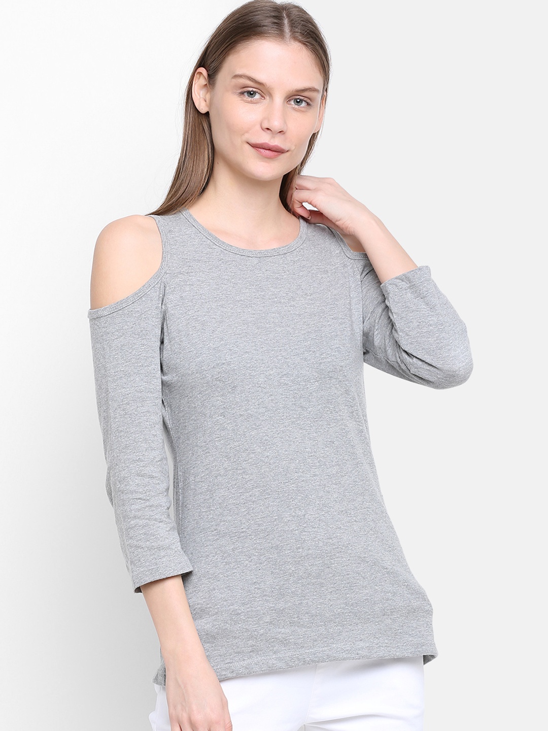 Rute Women Grey Solid Knitted Pure Cotton Top