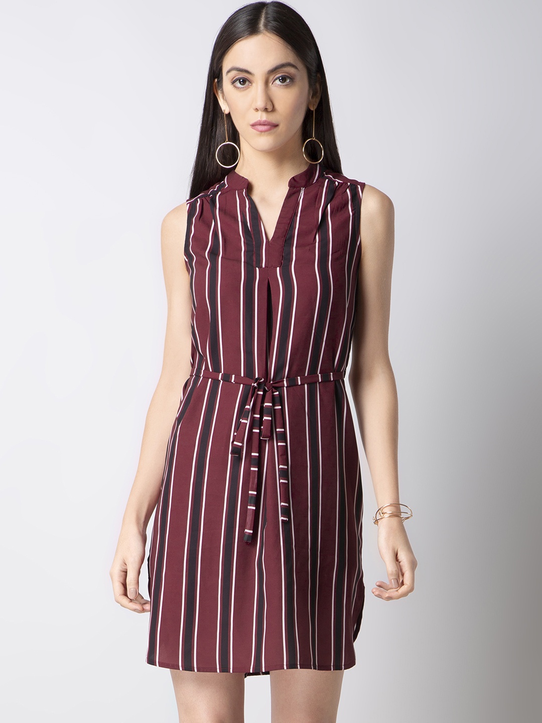 

FabAlley Women Maroon & Black Striped Sheath Dress
