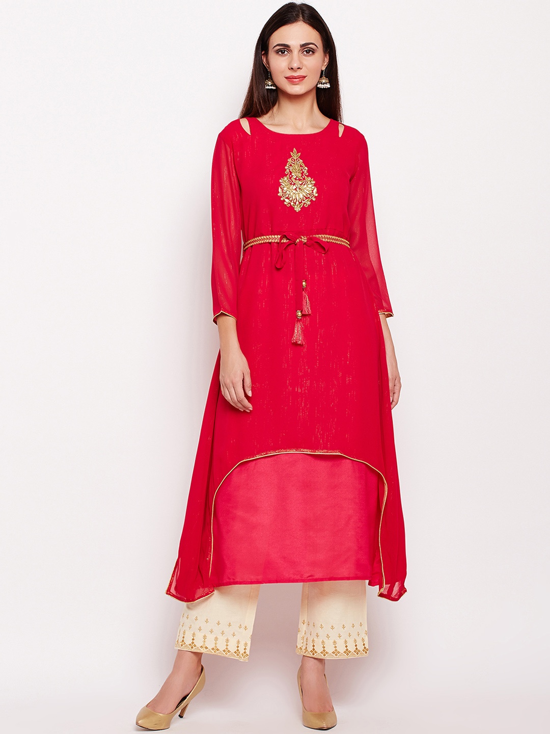 

Be Indi Women Red & Gold-Coloured Embroidered A-Line Kurta