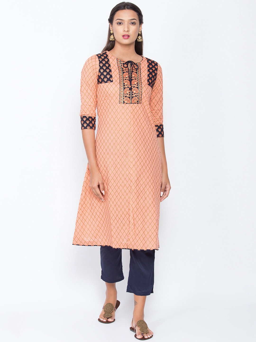 Be Indi Women Peach-Coloured & Black Printed A-Line Kurta