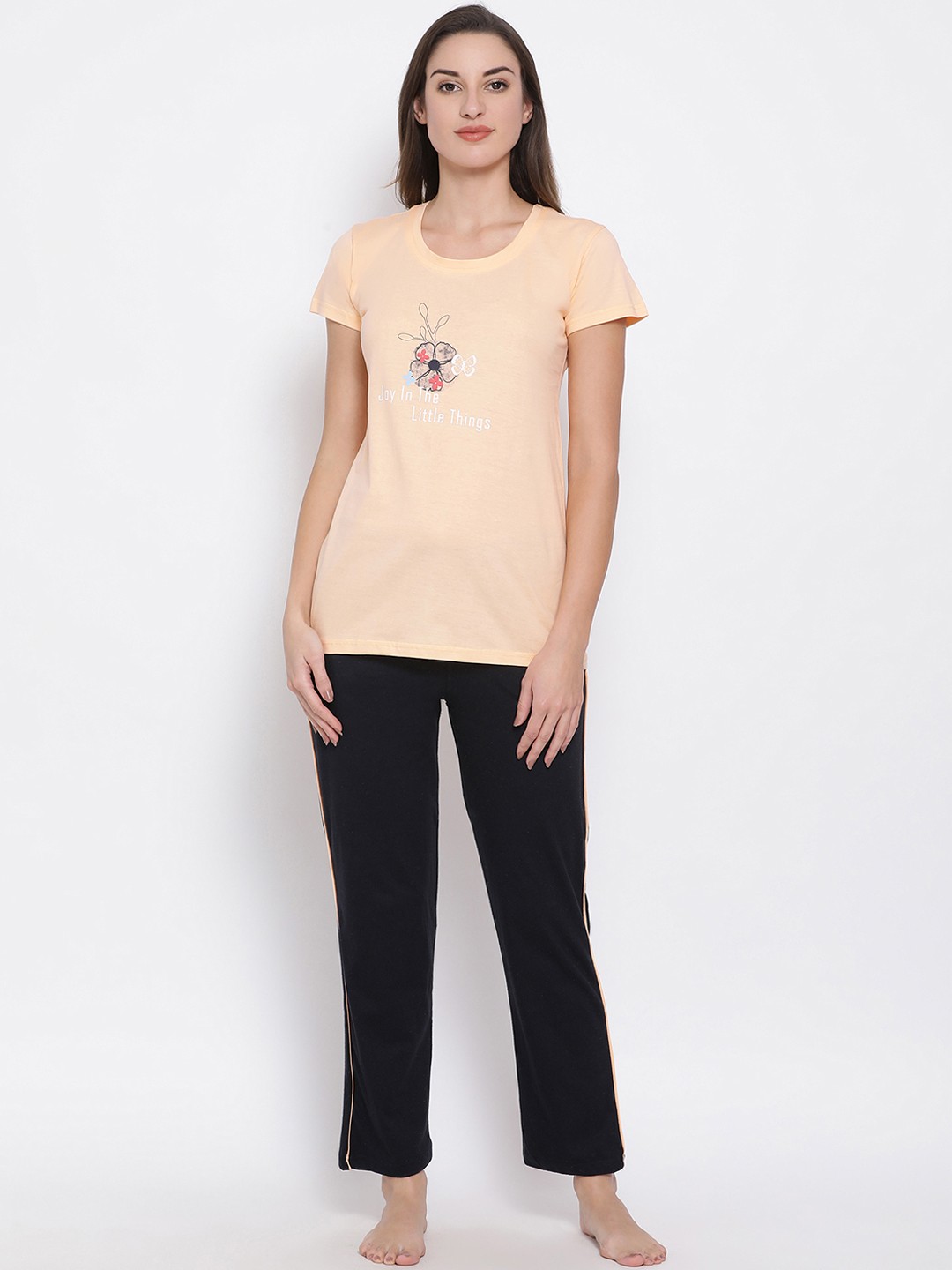 

Clovia Women Orange Tshirt & Navy Blue Pyjama Night Suit LS0484P16