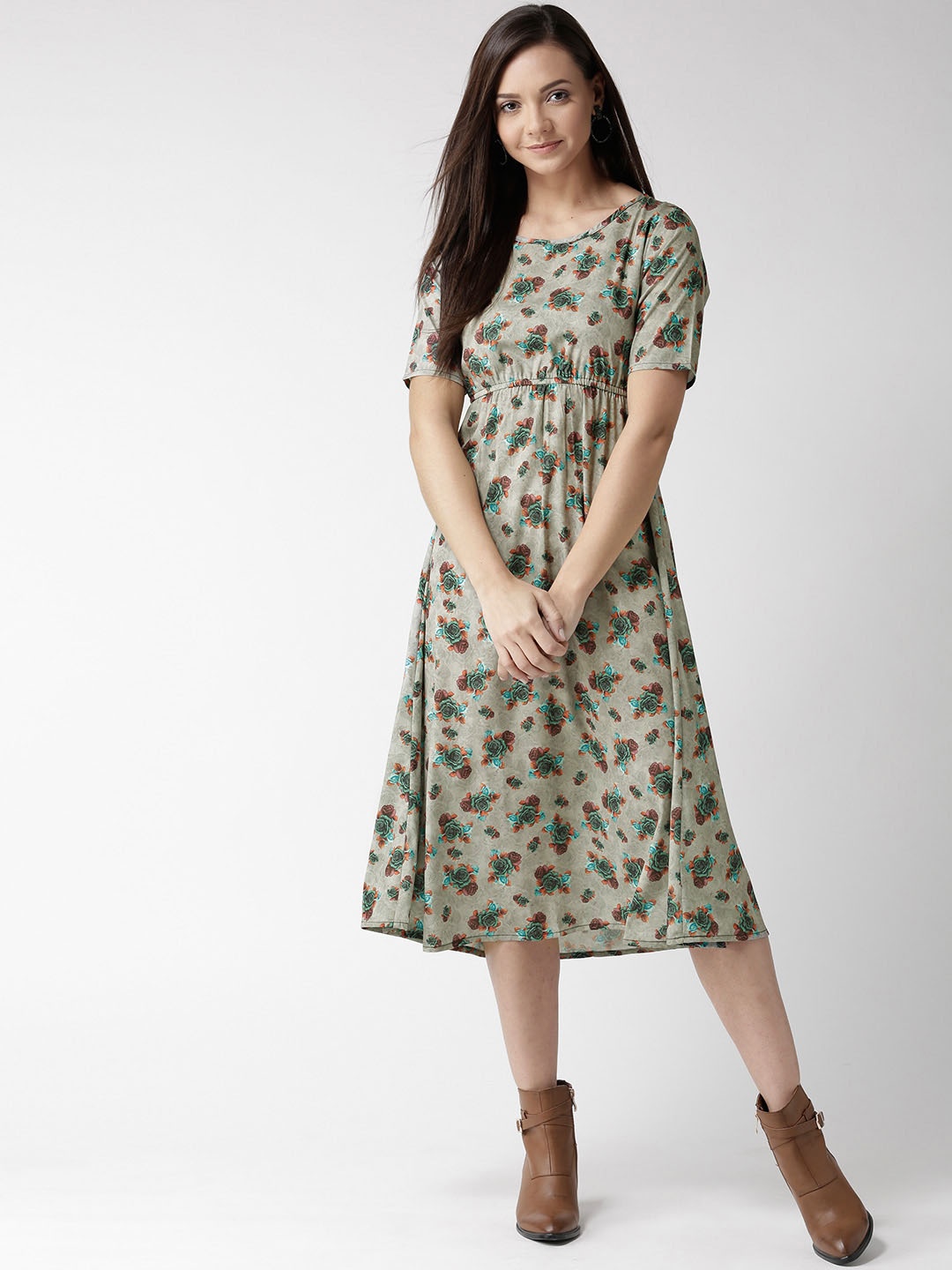 

Hubberholme Women Olive Green Floral Print Fit and Flare Dress