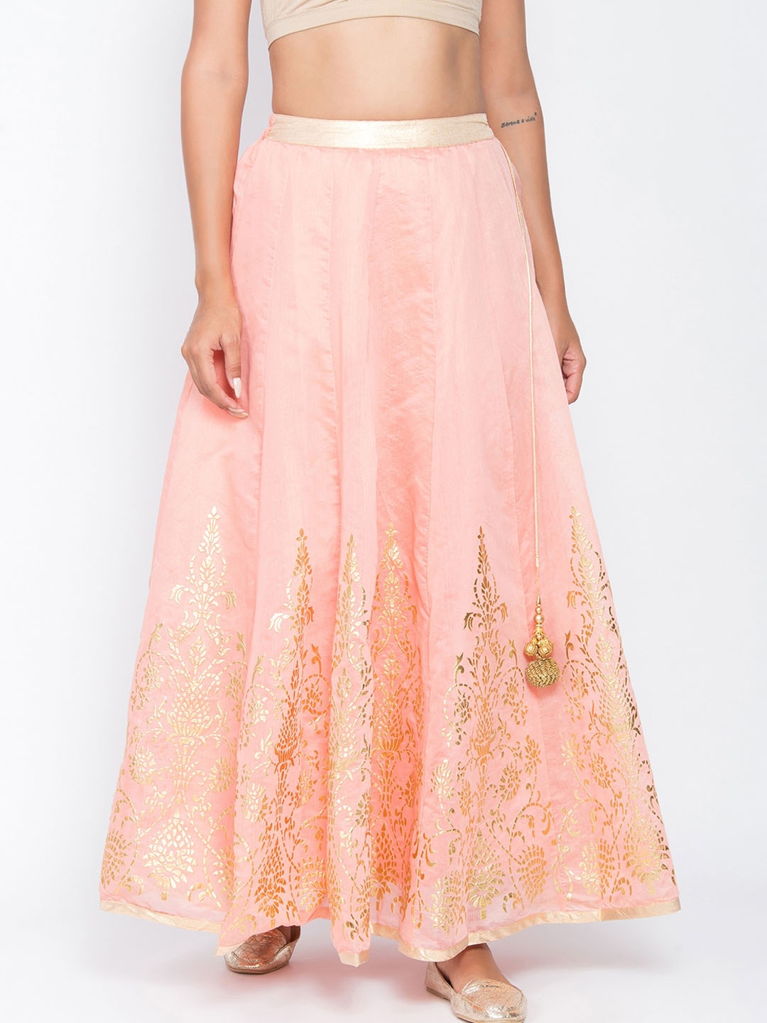 

Be Indi Women Pink & Gold-Coloured Printed Flared Maxi Kalidar Skirt