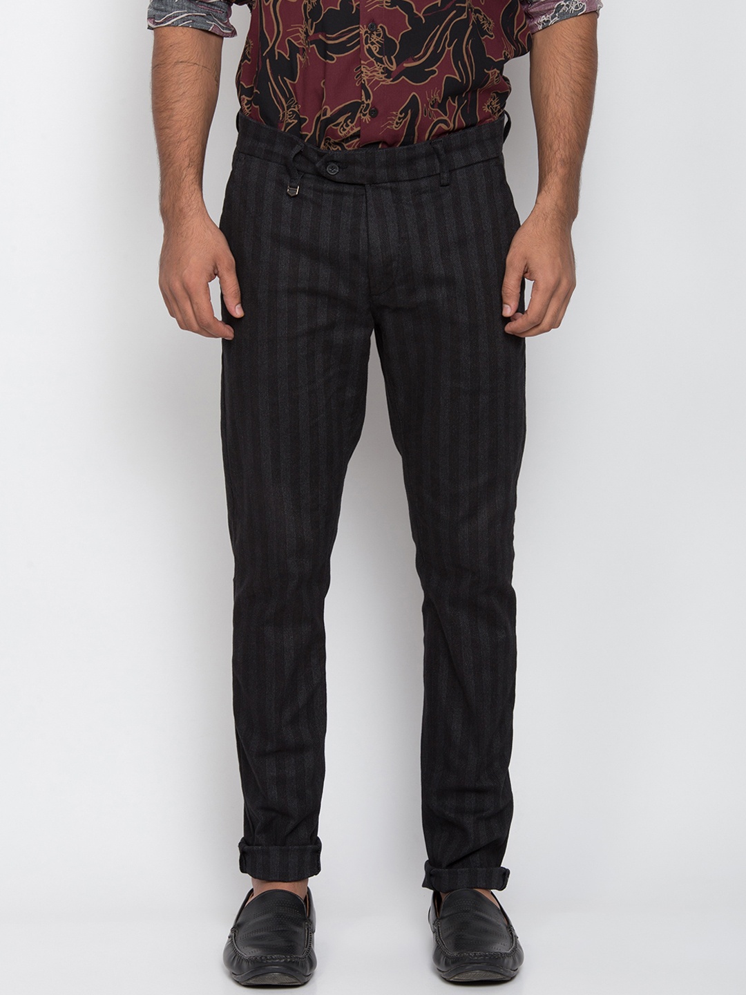 

Antony Morato Men Black Slim Fit Striped Regular Trousers