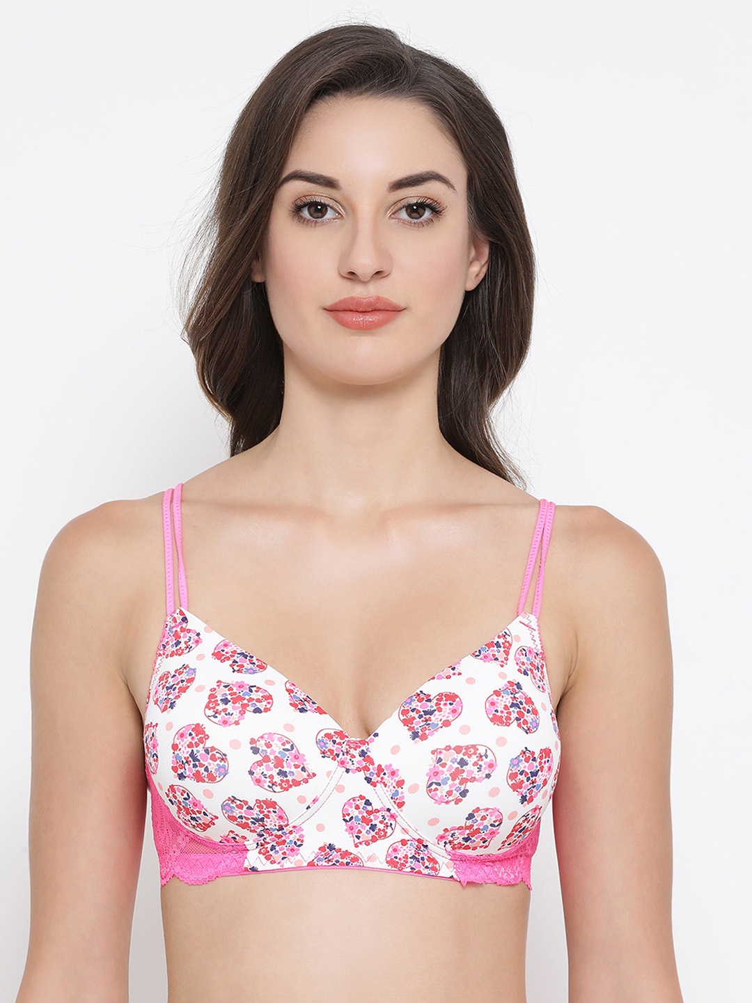 Clovia White & Pink Printed Non-Wired Lightly Padded T-shirt Bra BR1874P18