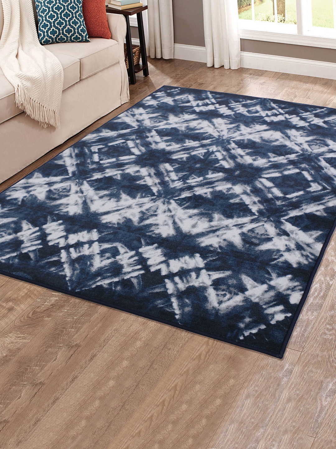 

RUGSMITH Navy Blue & White Patterned Anti-Skid Rectangle Carpet
