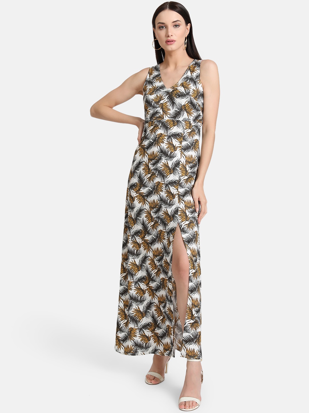 Kazo Women Off-White and Mustard Yellow Tropical Printed Maxi Dress