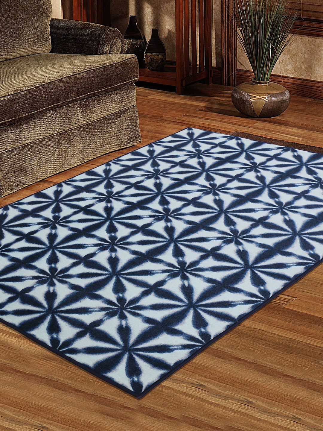 RUGSMITH Navy Blue & White Patterned Anti-Skid Rectangle Carpet
