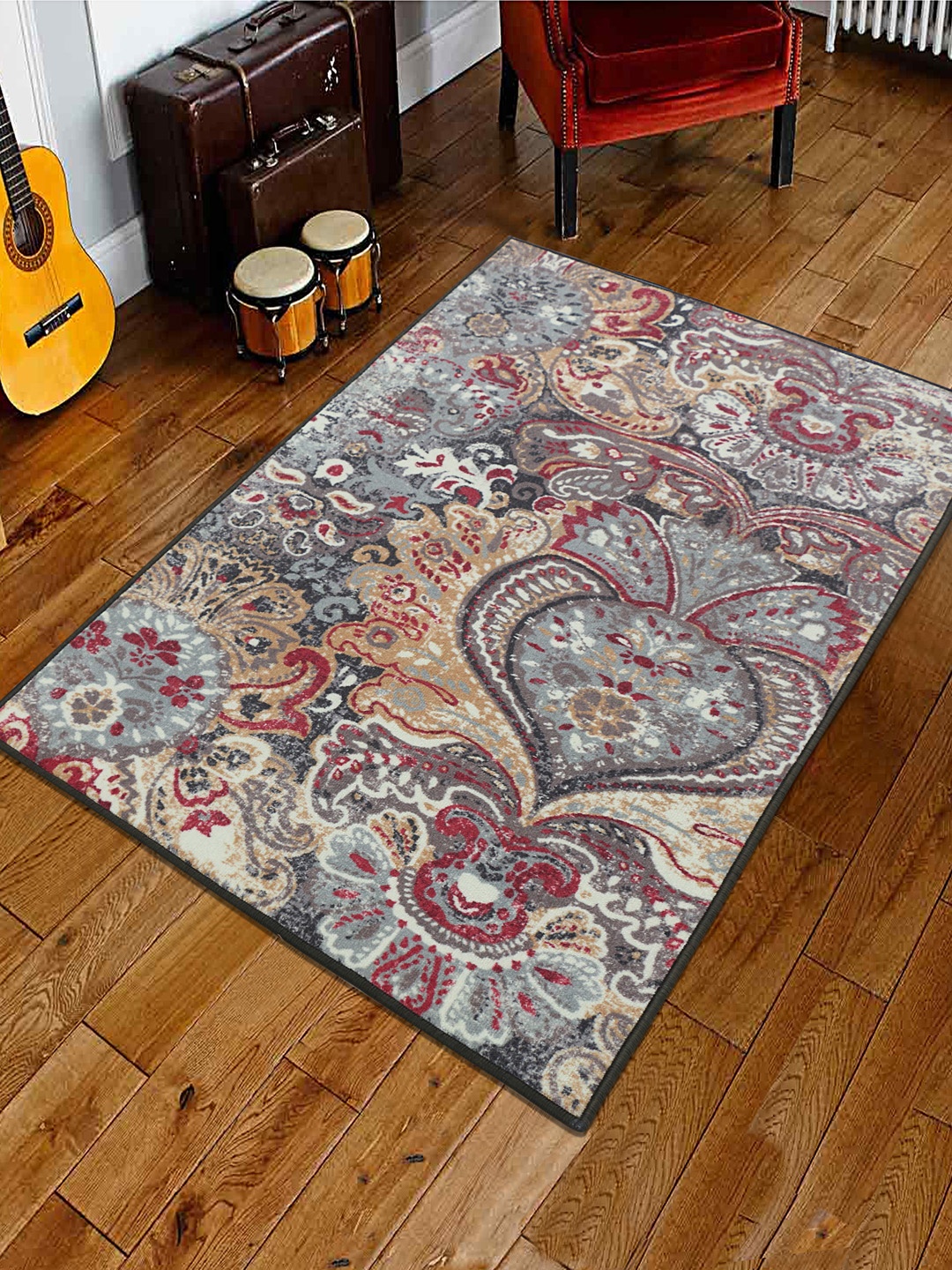 

RUGSMITH Grey & Maroon Patterned Anti-Skid Rectangle Carpet