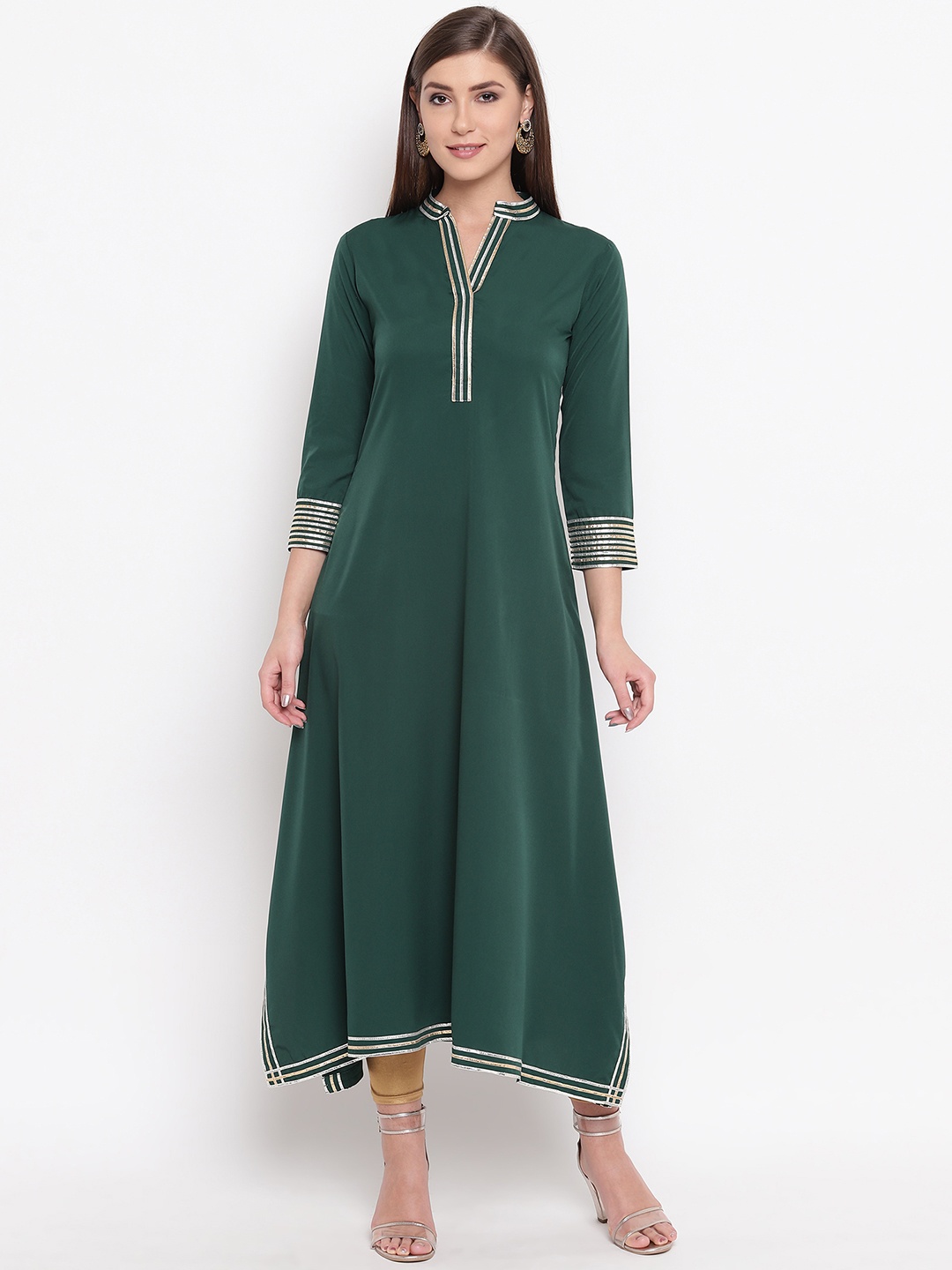 

FABNEST Women Green Solid Asymmetric A-Line Kurta
