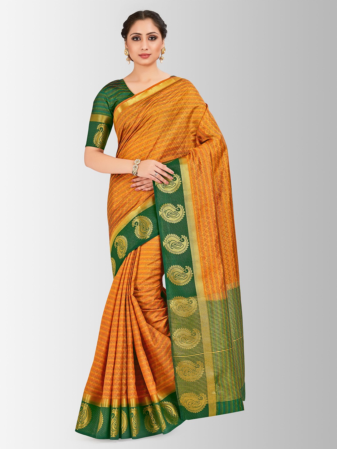

MIMOSA Orange & Green Art Silk Embellished Kanjeevaram Saree
