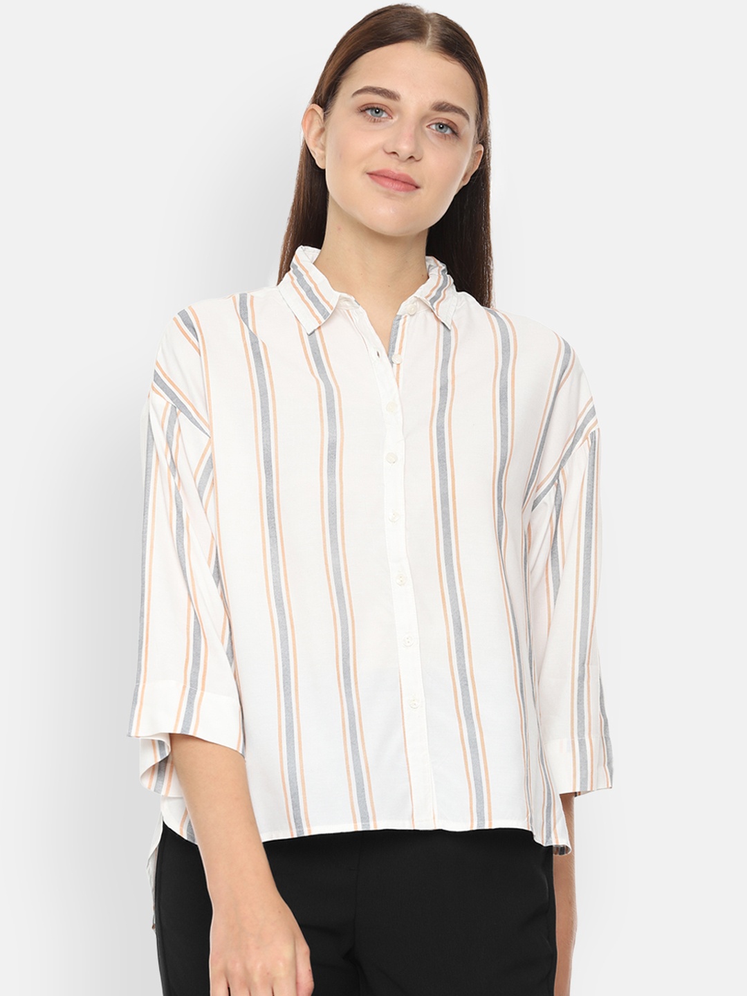 

Van Heusen Woman White & Grey Regular Fit Striped Casual Shirt