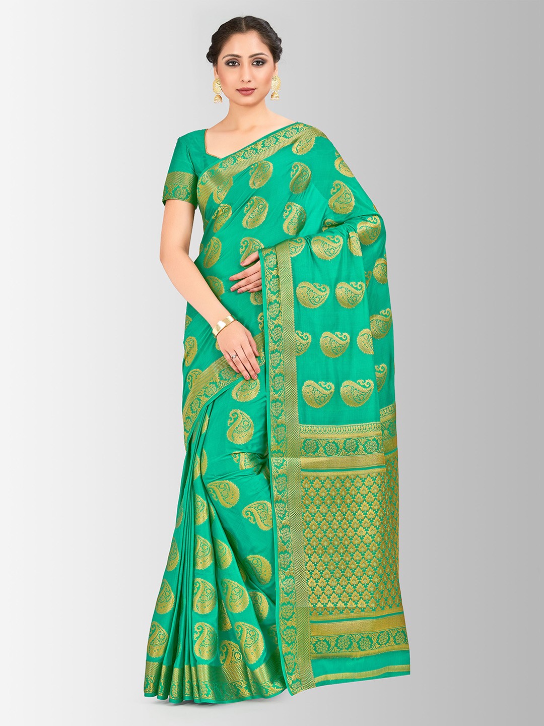 

MIMOSA Green & Gold-Toned Poly Crepe Embellished Mysore Silk Saree
