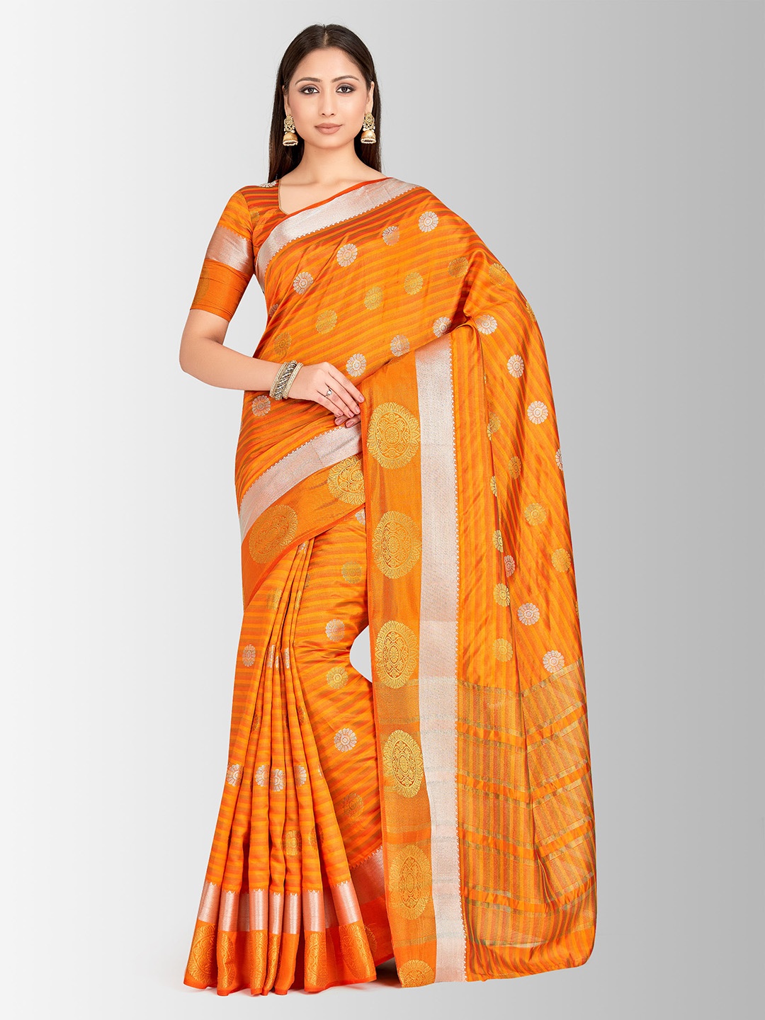 

MIMOSA Orange & Gold-Toned Art Silk Embellished Kanjeevaram Saree