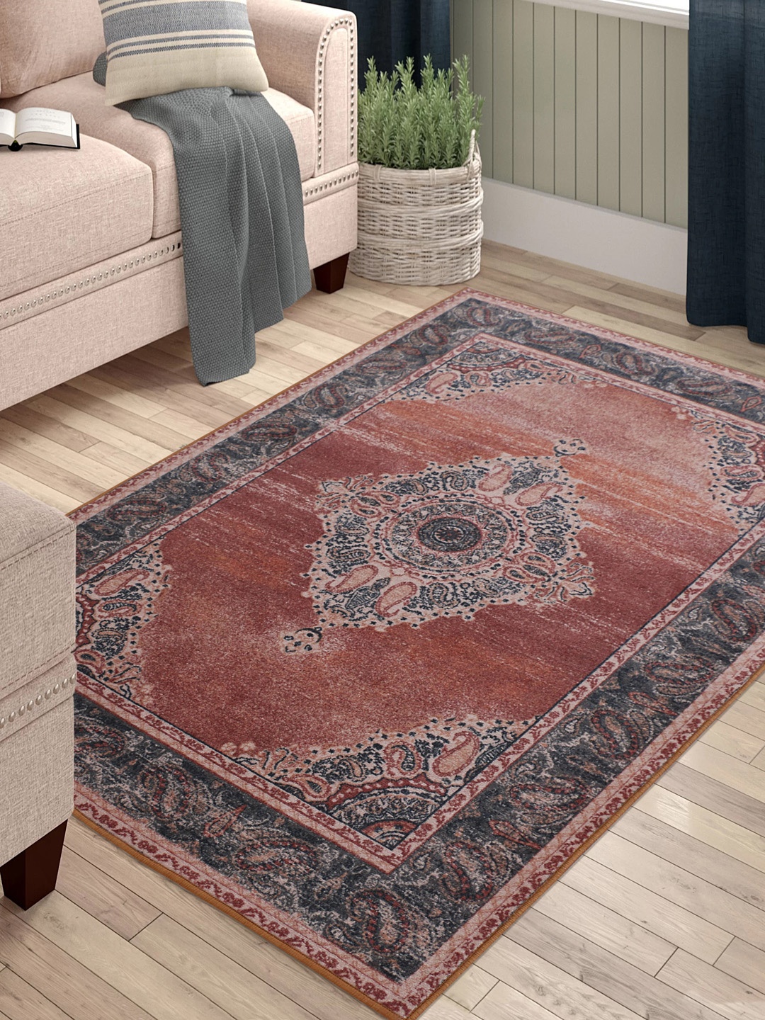 

RUGSMITH Orange & Black Patterned Anti-Skid Rectangle Carpet