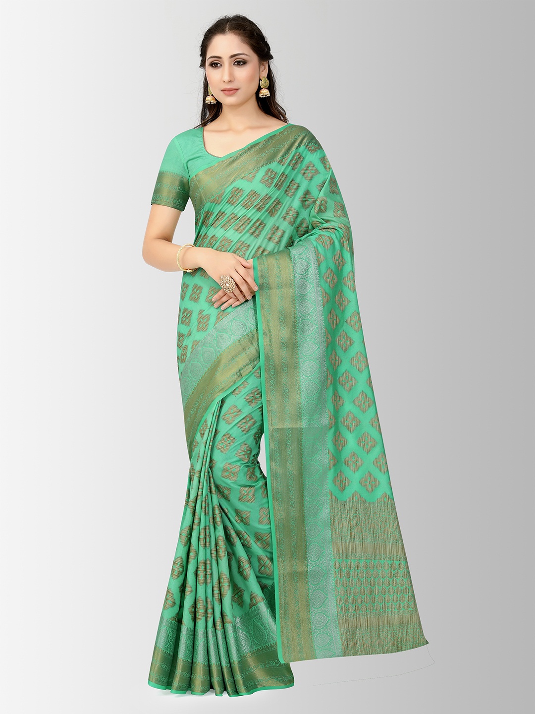 

MIMOSA Green & Gold-Toned Art Silk Printed Kanjeevaram Saree