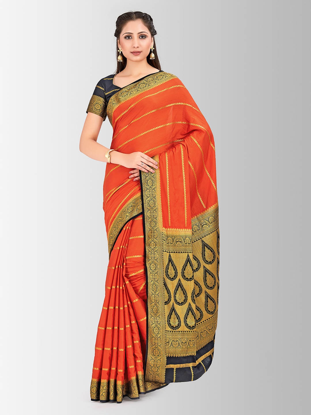 

MIMOSA Orange Poly Crepe Striped Mysore Silk Saree