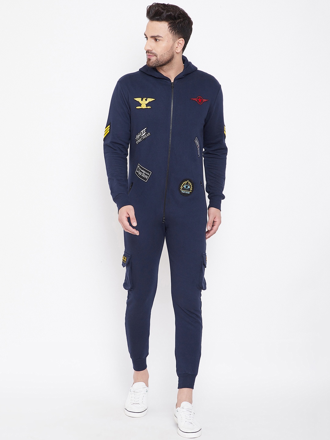 

FUGAZEE Men Navy Blue Self Design Basic Jumpsuit