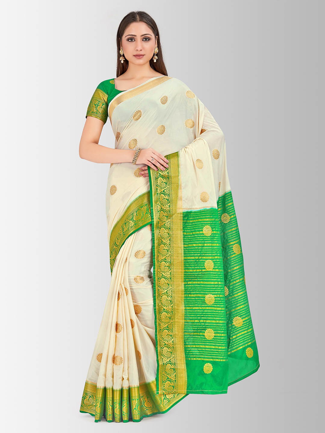 

MIMOSA Off-White & Green Poly Crepe Embellished Mysore Silk Saree
